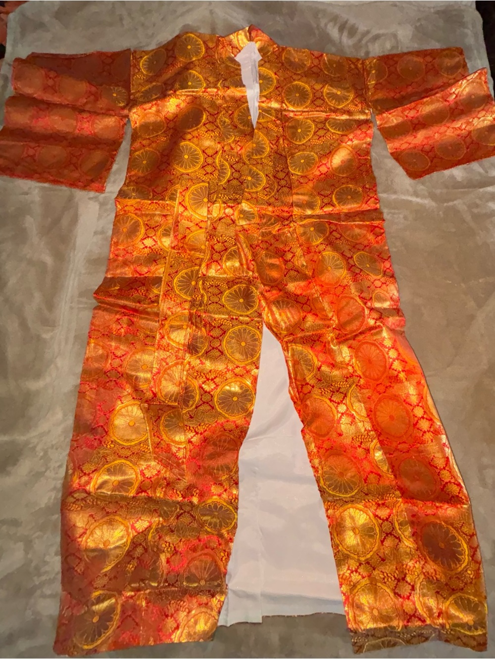 Vintage Japanese Silk Brocade Kimono Robe Large Metallic Orange & Gold Pattern